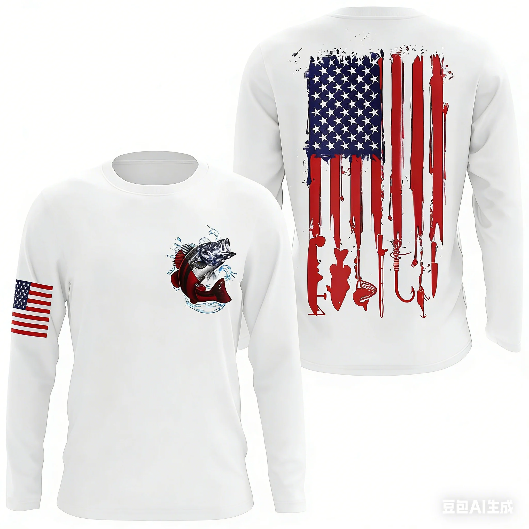 العلم الأمريكي التصميم الإبداعي قميص الصيد عالية الأداء طاقم الرقبة طويلة الأكمام تنفس مريحة في الهواء الطلق الصيد ارتداء #1