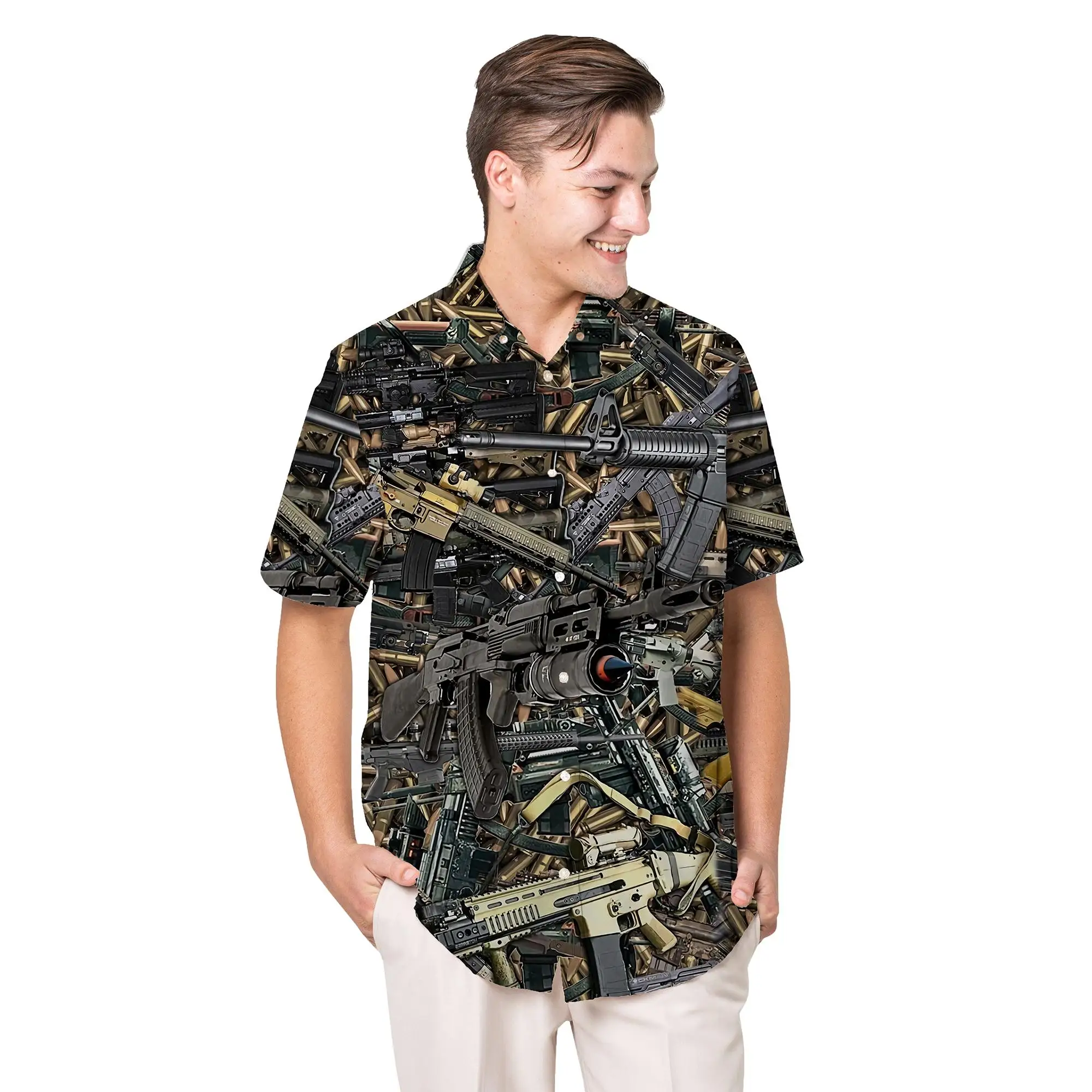 Jumeast Gun Pattern Men Hawaiian Shirt Cool 3D Printed Aloha Shirts Camouflage Unisex Streetwear Beach Man Clothing Hunting Tops