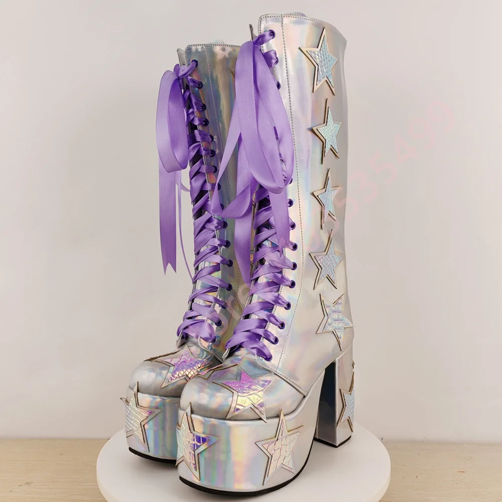 Iridescent Knee High Platform Boots Women Star Patches Purple Ribbon Lace Up Side Zipper Block Heel Y2K Cosplay Party Tall Boots