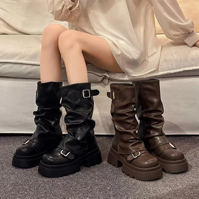 

High Quality Women Western Cowgirl Booties Fashion Slip on Mid Calf Boots for Women Retro Style Thick Heel Autumn Female Shoes
