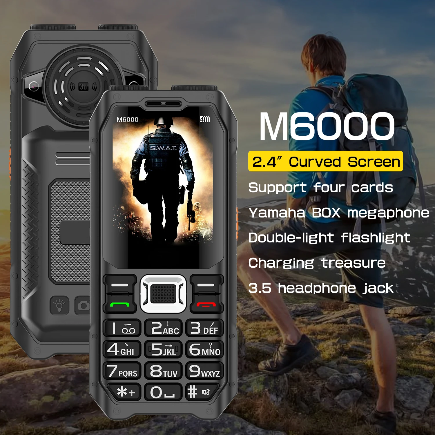 M6000 Brand New 2.4inches Four SIM Cards Mobile Phone Flashlight Loud Voice Big Battery FM Bluetooth Unlocked Feature Phone