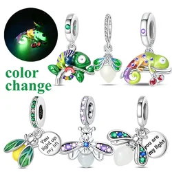 S925 Silver Glow in The Dark Chameleon Charm Fit Original Bracelet Bead for Women DIY Luminous Firefly Fine Jewelry Gift