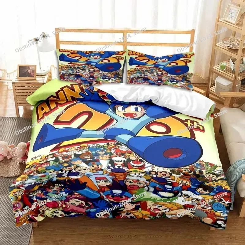 Rockman Megaman 게임 만화 침구 세트 베개 커버 이불 커버가있는 인쇄 침대 세트 소프트 싱글 더블 퀸 슈퍼 킹 사이즈