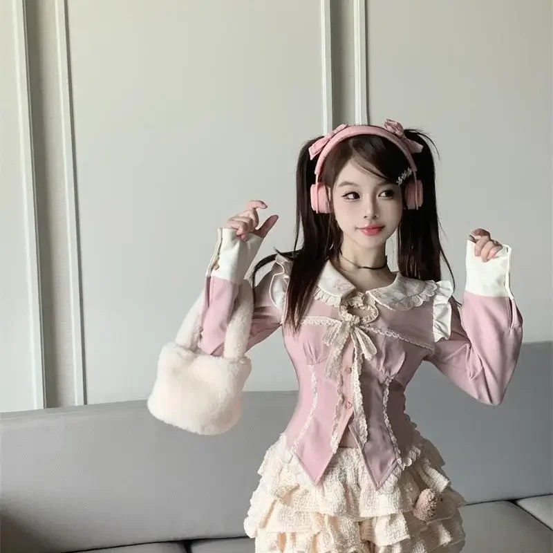 Süßes 2-teiliges Rock-Set für Damen, lässige Langarmbluse + Kawaii-Ballkleider im japanischen Stil, Abendparty, Lolita-Anzug, Herbst 2025, Herbst