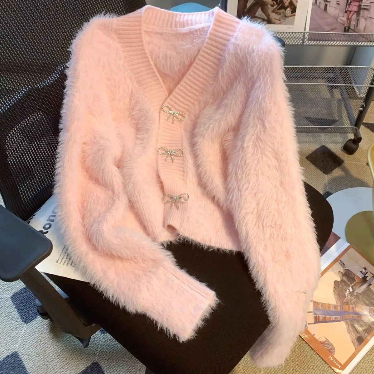 Pink Mink Velvet Knitted Cardigans V-Neck Long Sleeve Bow Buttons Sweater 2024 Autumn Winter Gentle Soft Women Knitwear