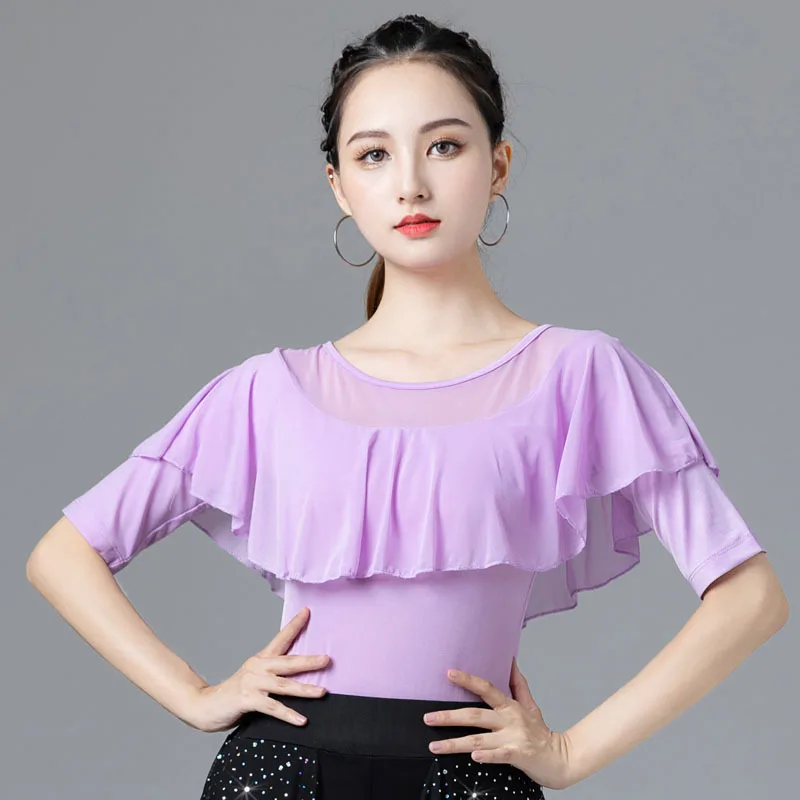 Modern Dance Top National Ruffle Edge Middle Sleeve Latin Dance Top Competition Performance Practice Clothing