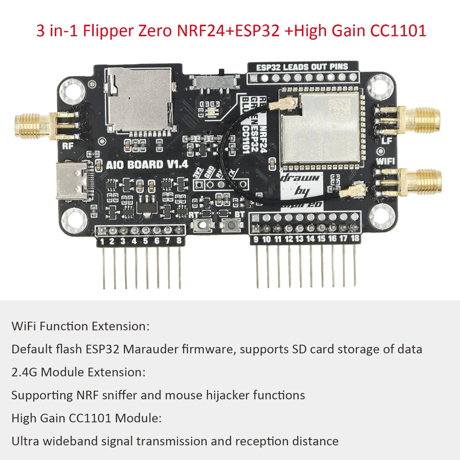 Flipper Zero High Gain CC1101+NRF24+ESP32 3 in-1 WIFI Multifunctional Module/Improved GPIO/Ethernet/Lightmeter/ESP8266/Air Mouse