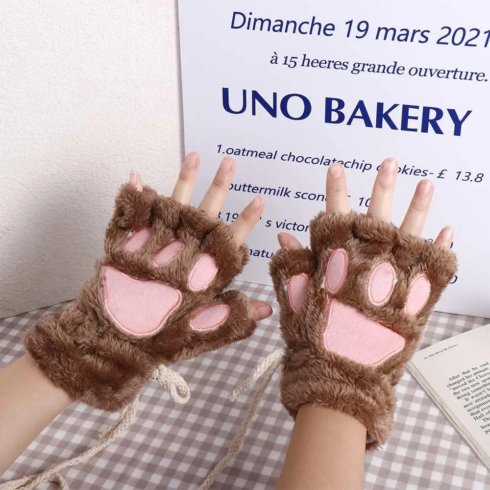 Guantes de invierno con forma de pata de oso para mujer, suaves, multicolores, con forma de gato cálido, medio lindo, sin dedos