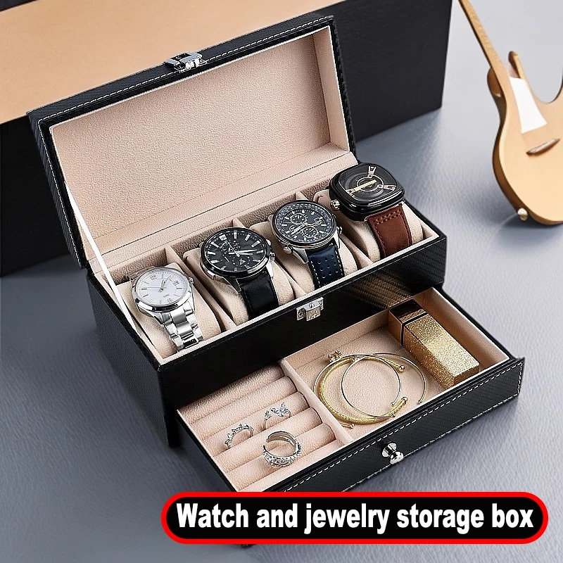 Watch Box PU Leather Jewelry Earring Organizer Travel Display Case For Men /Women Multi-Functional 4 Slots Magnetic Top Black