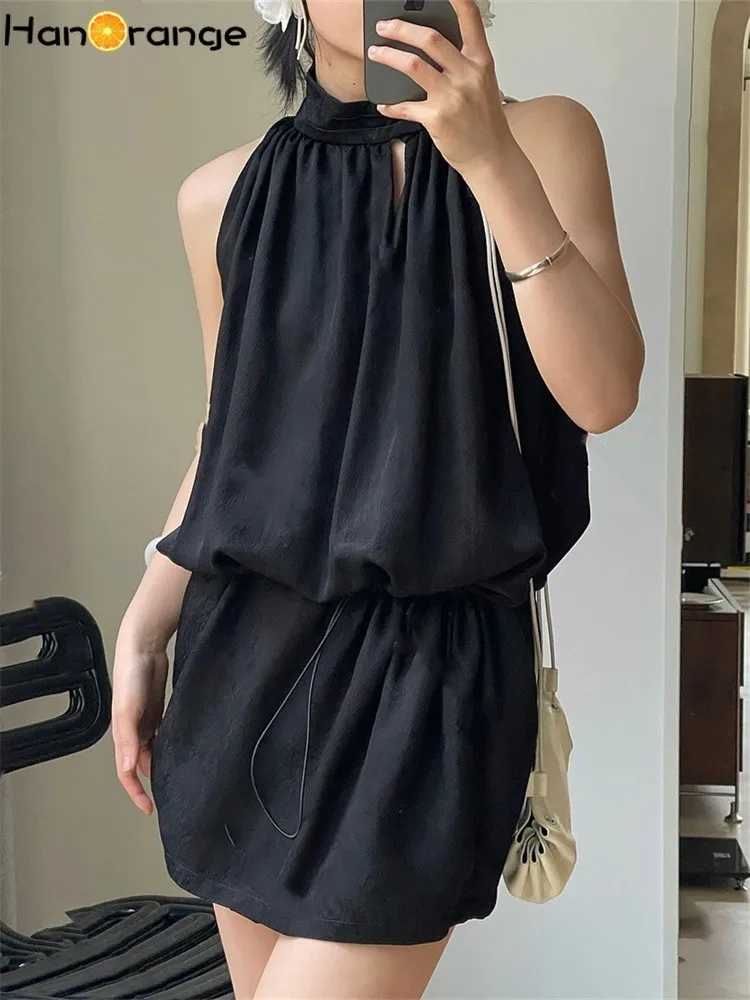 HanOrange 2024 Summer Fashion Minimalist Sleeveless Cool Mini Dress Black