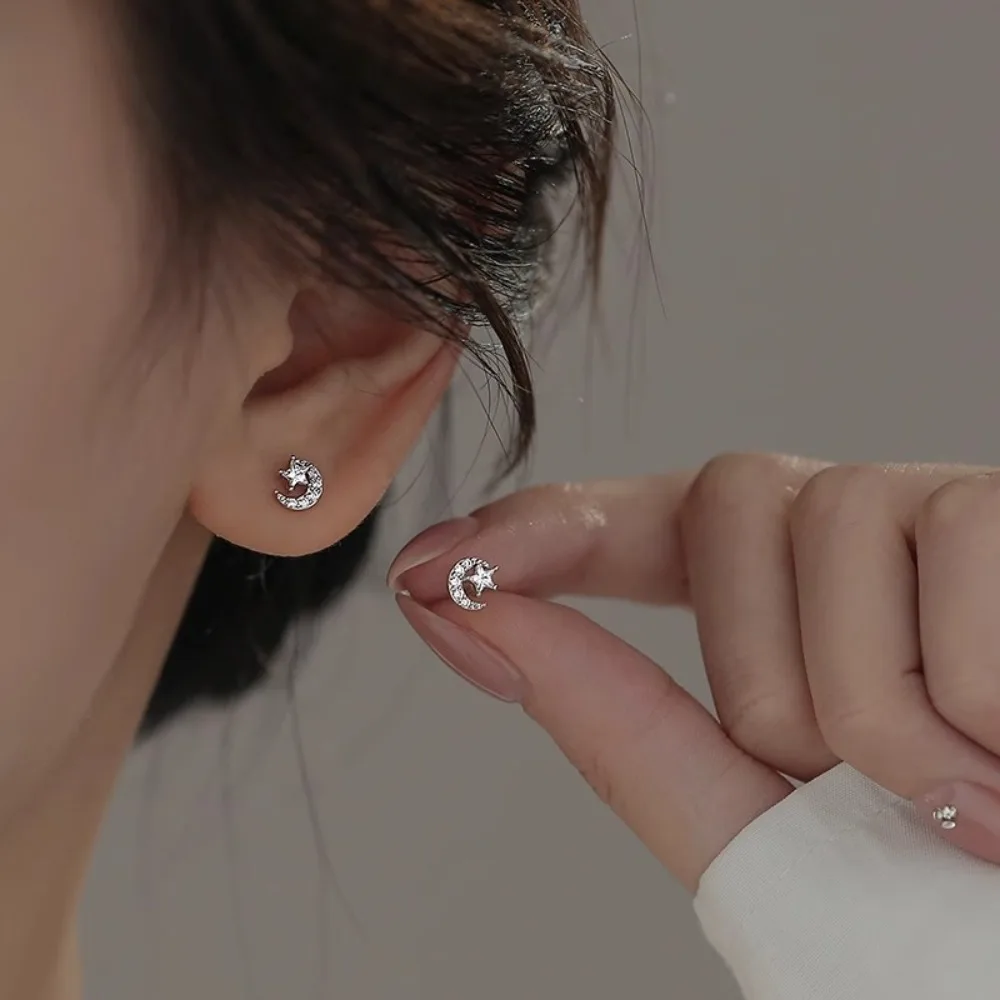 Moon Star Stud Earrings 925 Sterling Silver Plated with Clear Zircon Minimalist Fashion Jewelry for Women Ear Piercing Care Gift