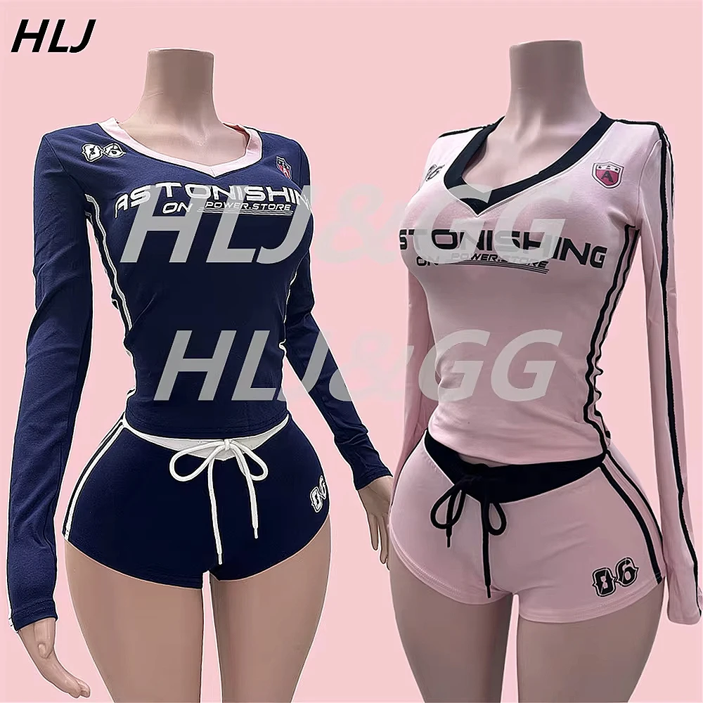 HLJ Retro Patchwork Letter Printing Sporty Two Piece Sets Women V Neck Long Sleeve Top And Drawstring Shorts Tracksuits Outfits