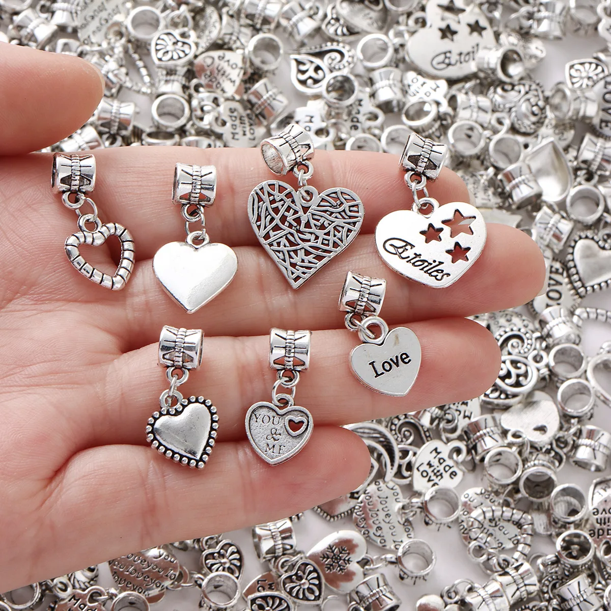Antique Silver Alloy Hollow Heart Mixed Pendant DIY Bracelet Necklace Accessories, 30pcs Random Styles
