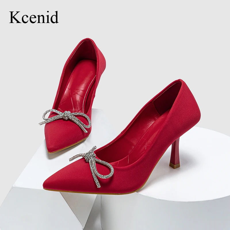 

Kcenid Shallow Summer Stiletto High Heels Pumps Women Fashion Rhinestone Butterfly-knot Pointed Toe Slip-on Pumps Wedding Shoes