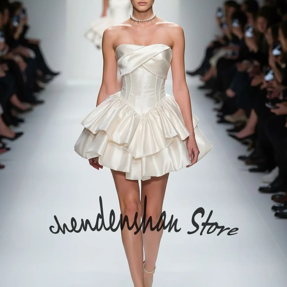 Sweet Women's Ivory Satin Strapless Mini Dresses Ruffled Layered Skirt Sleeveless Small Prom Gown Cocktail Party Elegant Outfit