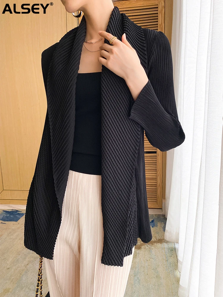 ALSEY Miyake Pleated Fashion Short Coats Women\'s Fall Winter New Black Loose Open Stitch Turn-down Collar Korean Jackets