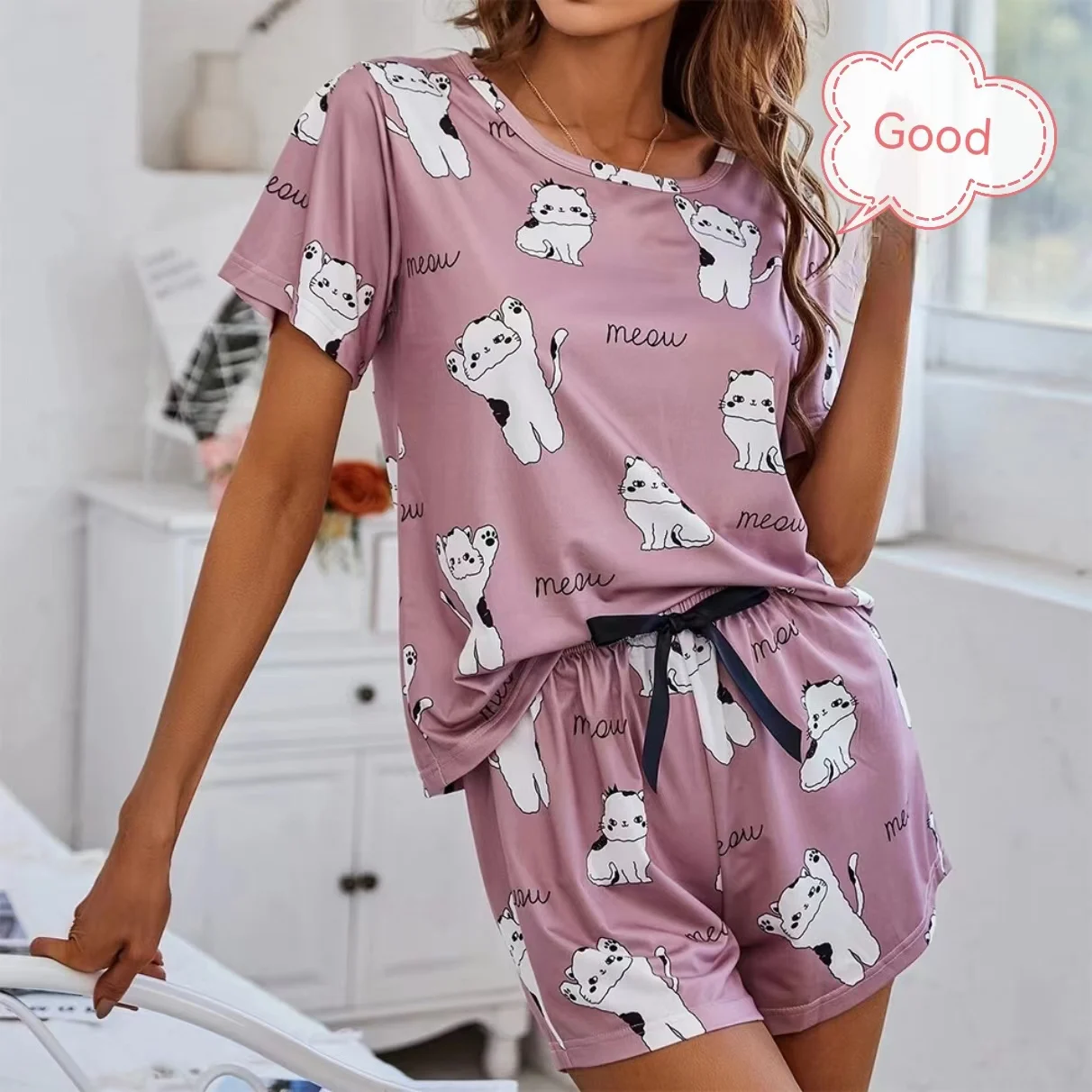 Women\'s Pajamas Set Sleepwear 2 PCS T-shirt And Shorts S M L Pink Ventilate Soft Casual Cartoon Cat Print