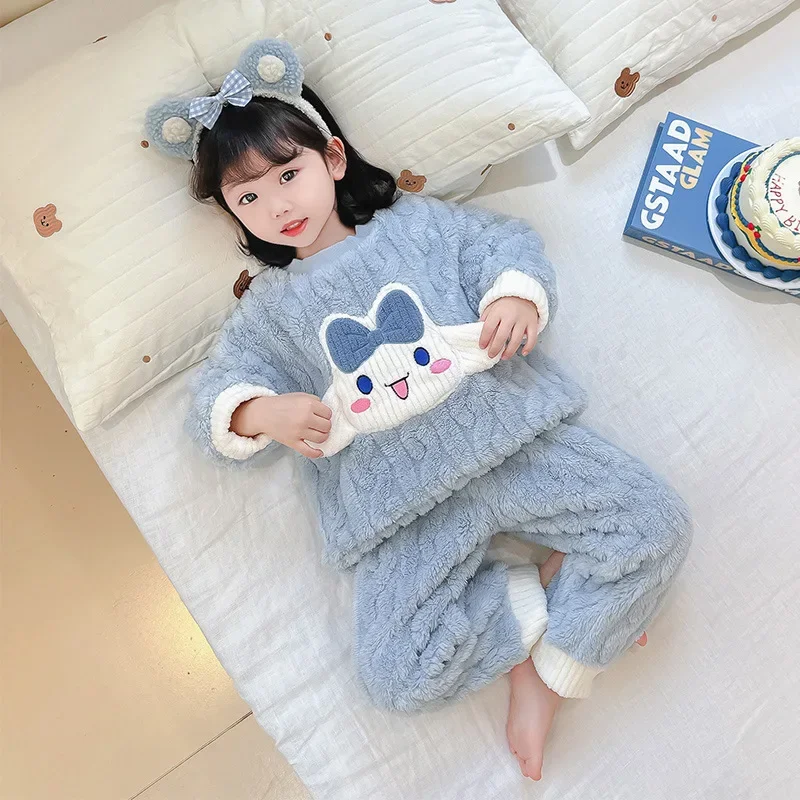 Doce cinnamoroll anime sanrio linda boneca crianças camisa de flanela calças pijama bonito kawaii grosso coral veludo homewear pano brinquedo