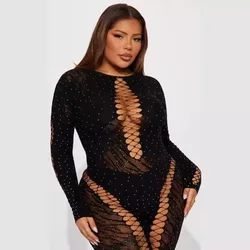Sexy Mesh Women Skinny Jumpsuits Hollow Out Long Sleeve Solid Rompers 2024 Summer Outfits Night Club Party One Piece Overalls
