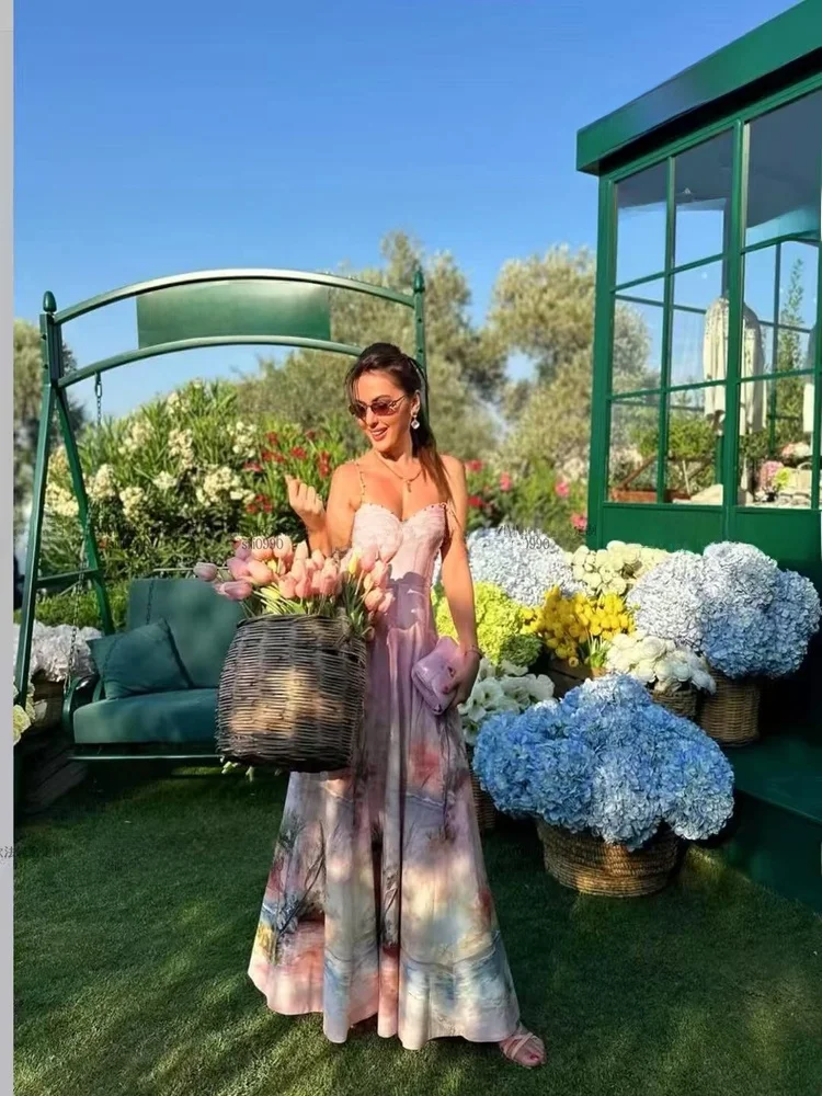   Abito Lungo Floreale con Cintura per Vacanze, in Misto Cotone, Gonna a Linea A per Donne