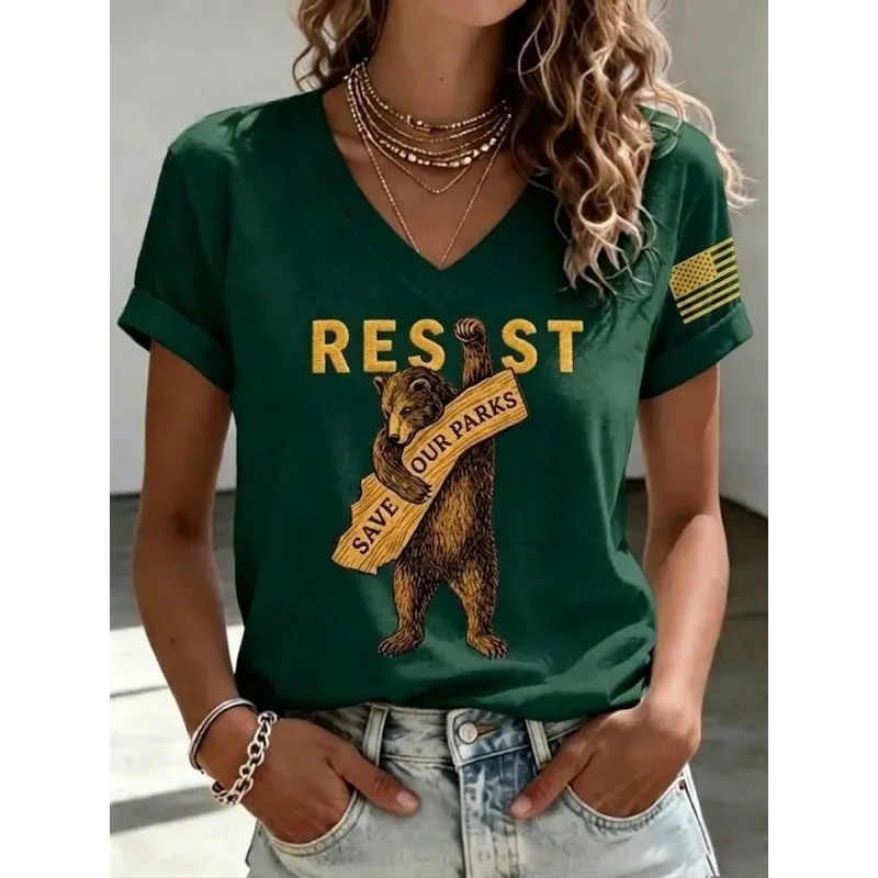 ilstile Women's Resist Only You Can Prevent Forest Fires Print T-Shirts Short Sleeve  V Neck Summer Tops Casual Tees New Arrival