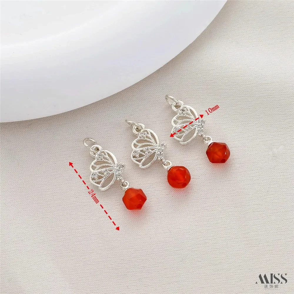

18K Matte Gold Thick Silver Diamond Inlaid Small Flower Agate Butterfly Wing Pendant DIY Bracelet Necklace Accessories