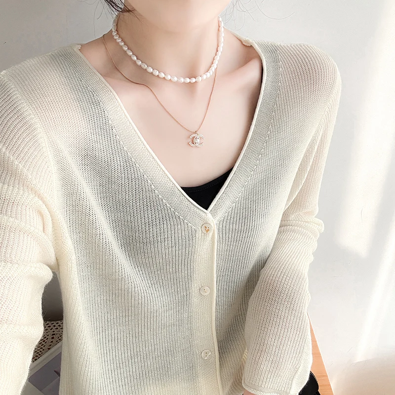 Spring Summer Layon Linen Ice Cardigan Sweater Women V Neck Solid Curl Up Sunscreen Female Long Sleeve Top Fashion Knit Cardigan