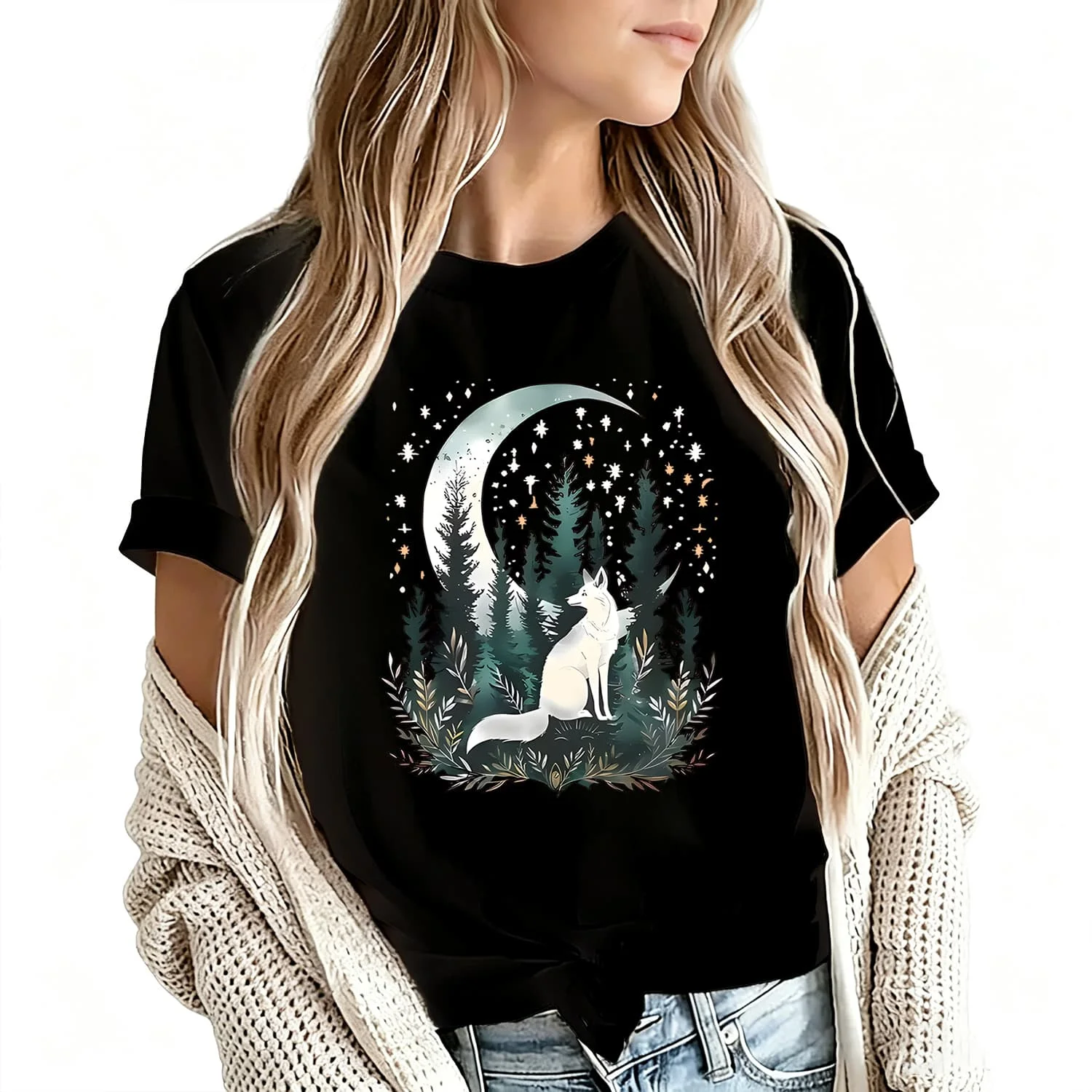 Bohemian Night Fox & Pine Forest Women's T-Shirt 100% Cotton Funny Graphic Short Sleeve Tee Novelty Shirt Casual Crew Neck Top S-5Xl