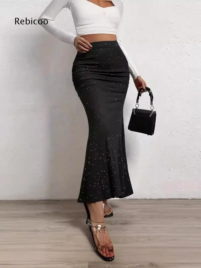Ruched Front Glitter Mermaid Maxi Skirt For Women Slim Fit Flared Cut For Club Activities And Stylish Night Time Wear Scenarios