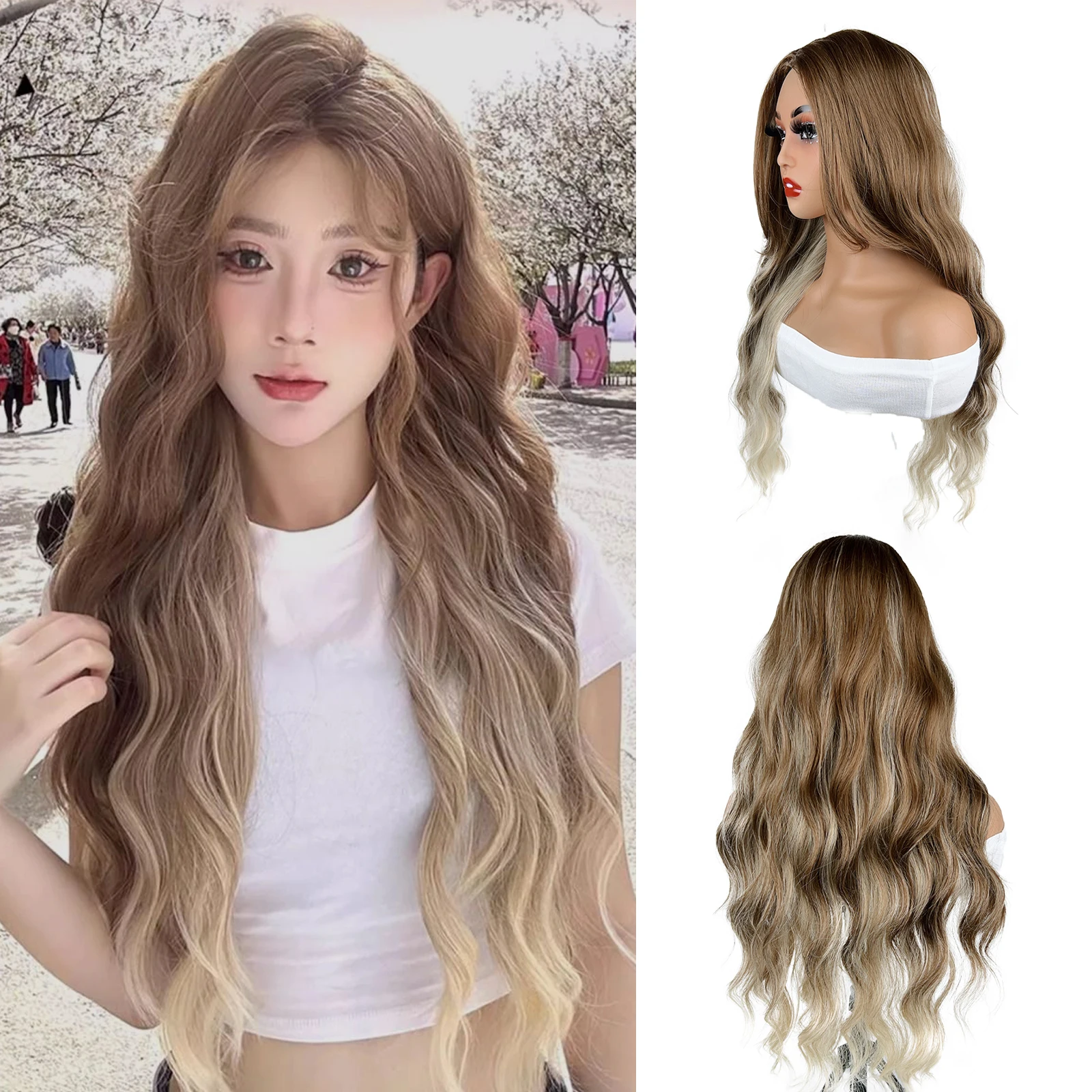 

Blonde Highlight Wigs for Women 28 Inch Long Curly Synthetic Wigs Middle Part Blonde Long Wavy Hair Wigs Natural Looking Wig