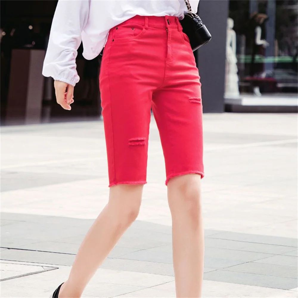 Shorts Rotos para Mujer, Jeans Cortos Capri, Cómodos y Elásticos, Bermudas Ajustadas con Bolsillos, Rojo, Blanco, Negro