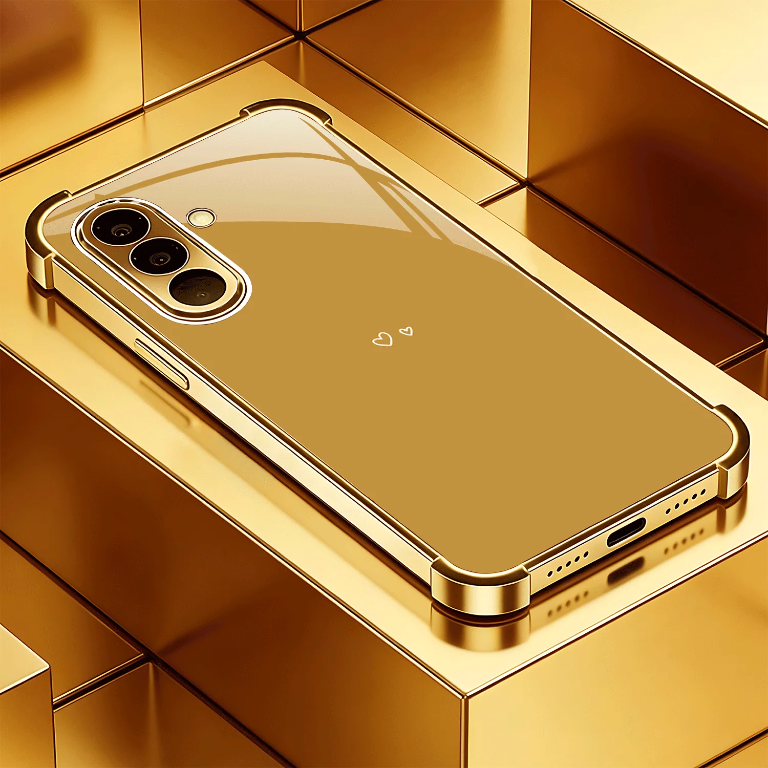 Shiny Gold Glass Cover for Samsung Galaxy S26/S25/S24/S23/S22/S21 FE Ultra Plus, Luxury Heart Full Camera Protection Phone Case
