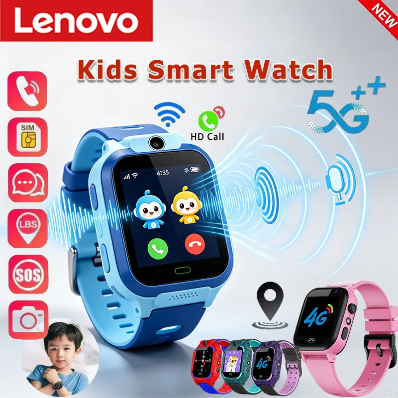 Montre connectée GPS étanche 5G pour enfants Lenovo avec fonction SOS, appel par carte SIM, caméra, cadeau pour garçons et filles, compatible iOS et Android 2026