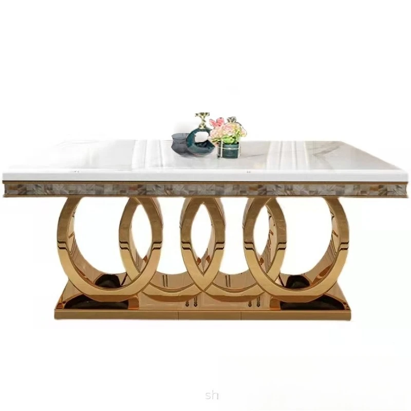 

Hong Kong style light luxury post-modern dining table villa model room dining table stainless steel marble large apartment