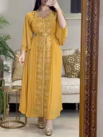 Spring Summer Women Long Maxi Loose Dress Middle East Embroidered Seam Diamond Kraft Tan Robe Evening Gown