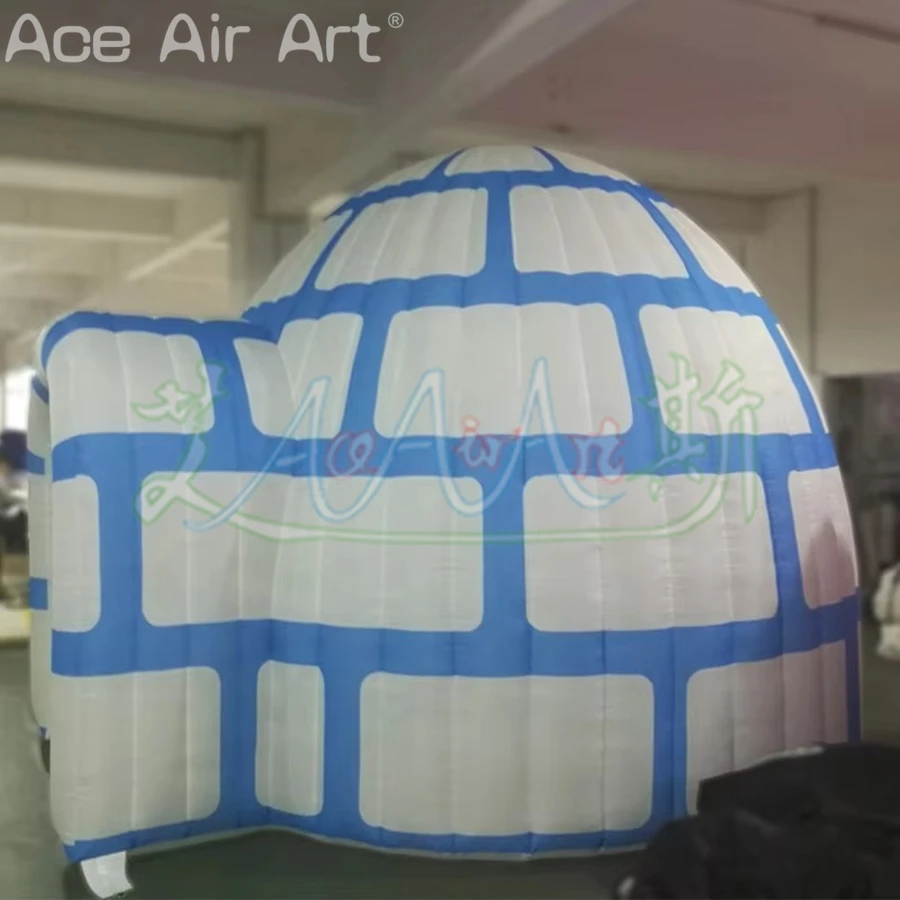 Blue & White Inflatable Igloo Father Christmas's Grotto Winter Inflatable Dome Tent for Outdoor Christmas Decor Kids Fun