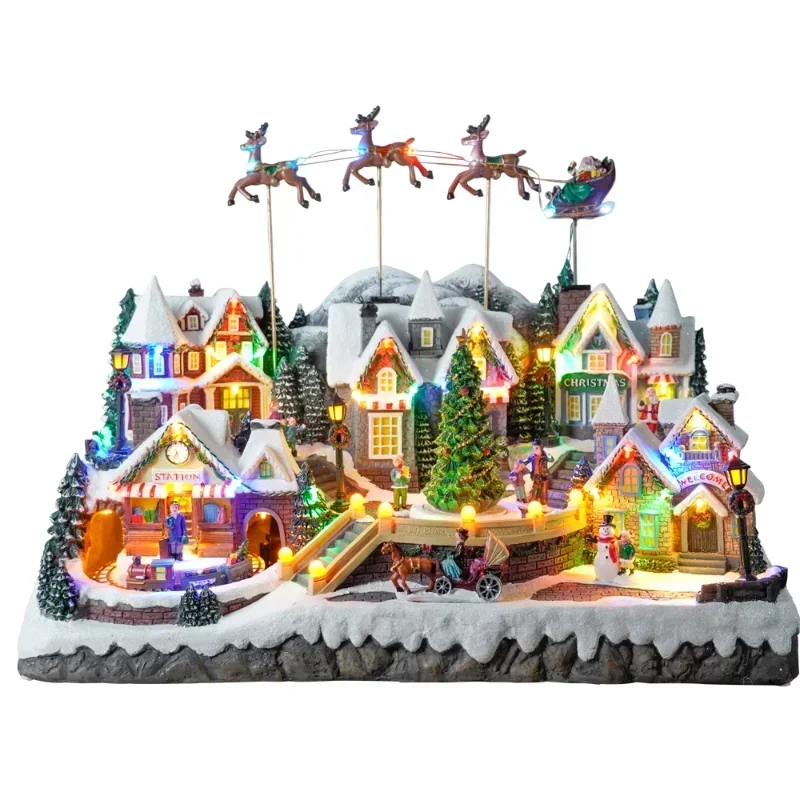 New Christmas Gift, Old Man Snow Mountain Light Train Flying Deer Large Collection Music Box Ornaments, Creative Decorations