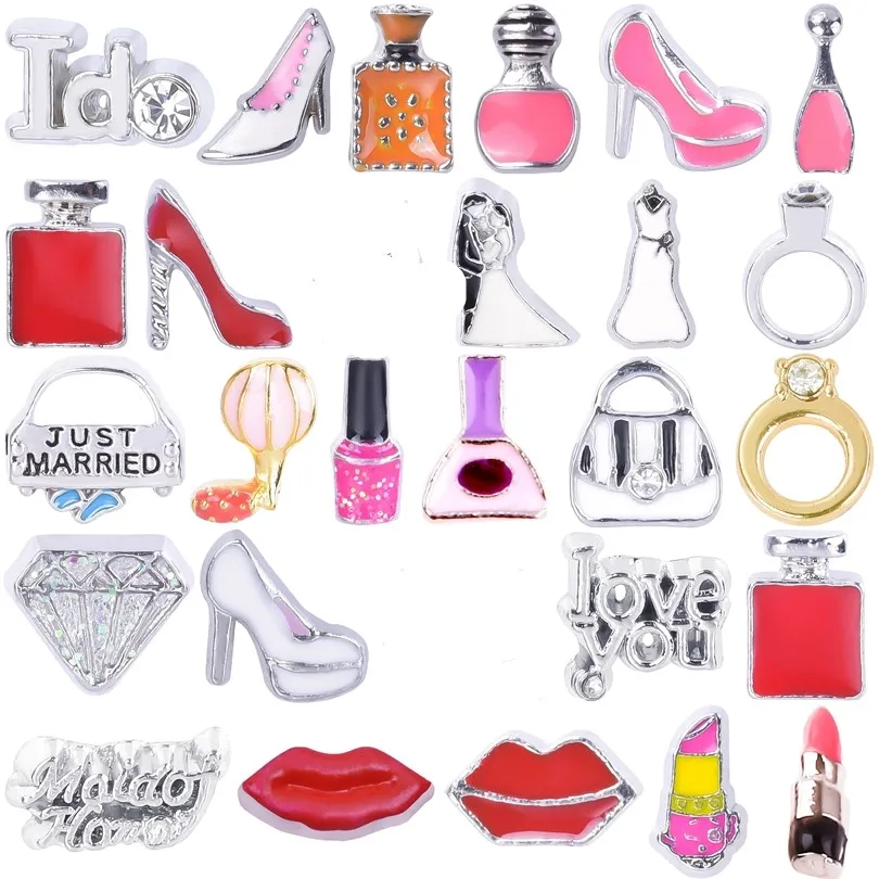 20Pcs/Lot Romantic Wedding Groom Bride Sexy Lipstick High Heels Marry I Love You Red Lips Floating Charms Jewelry Accessories