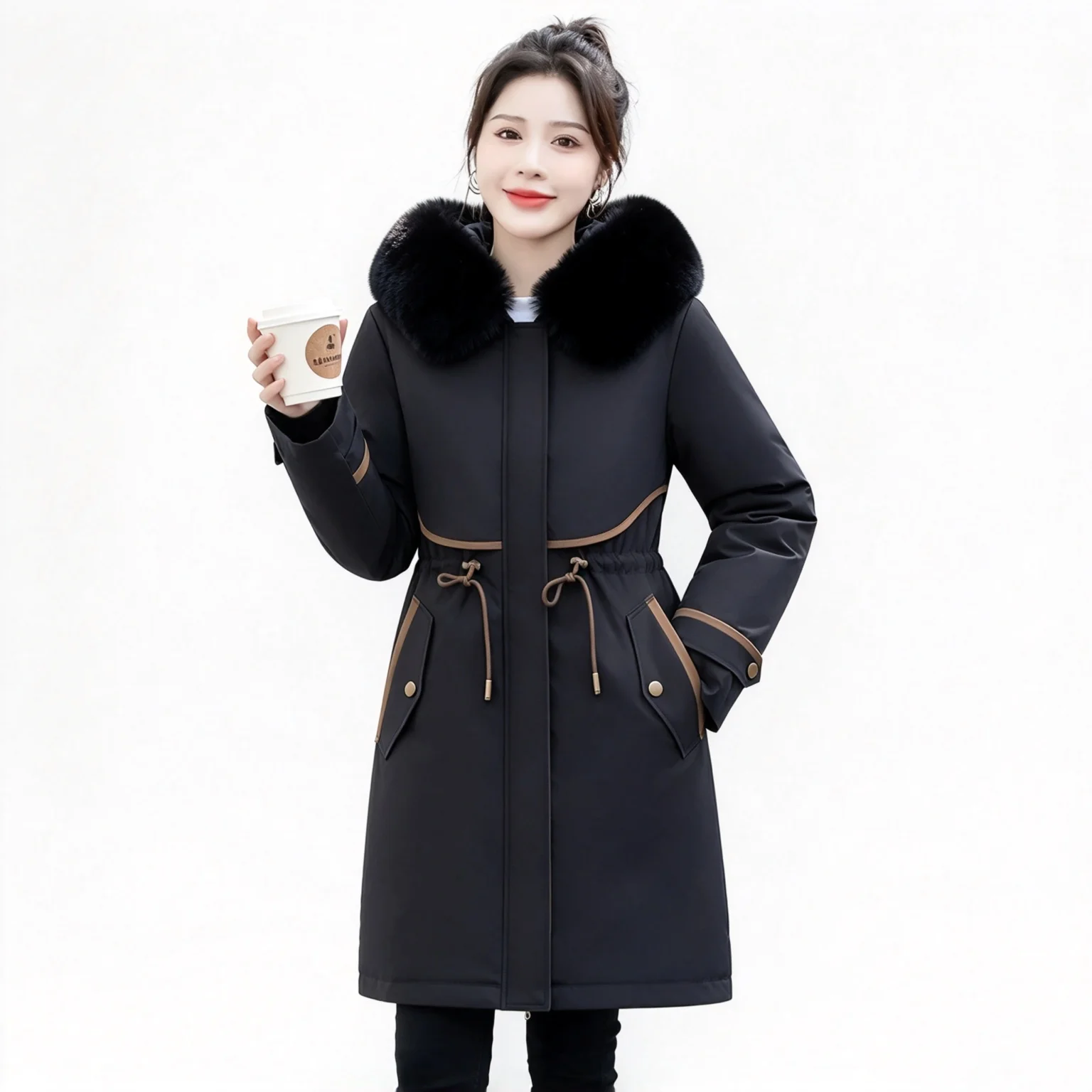 Women Parka Coat With Faux Fur Hood Parkas Mid‑Length Drawstring Waist Winter Warm Windproof Casual Outerwear Down Cotton Jacket