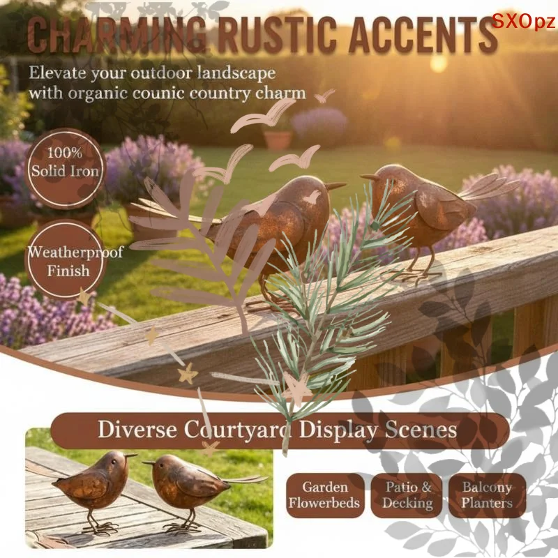 2Pcs Rusty Metal Garden Bird Statues Suitable For Flower Beds Patios Lawns And Farmyard Decor