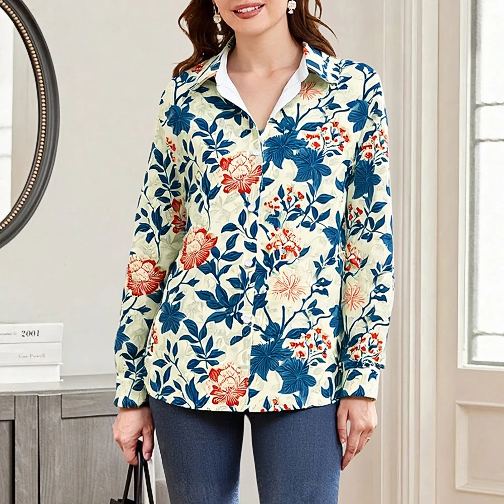 

Mia Muse Women's Autumn Shirts Daily Casual Floral Full Print Long Sleeve Shirt Collar Button Front Basic Shirts