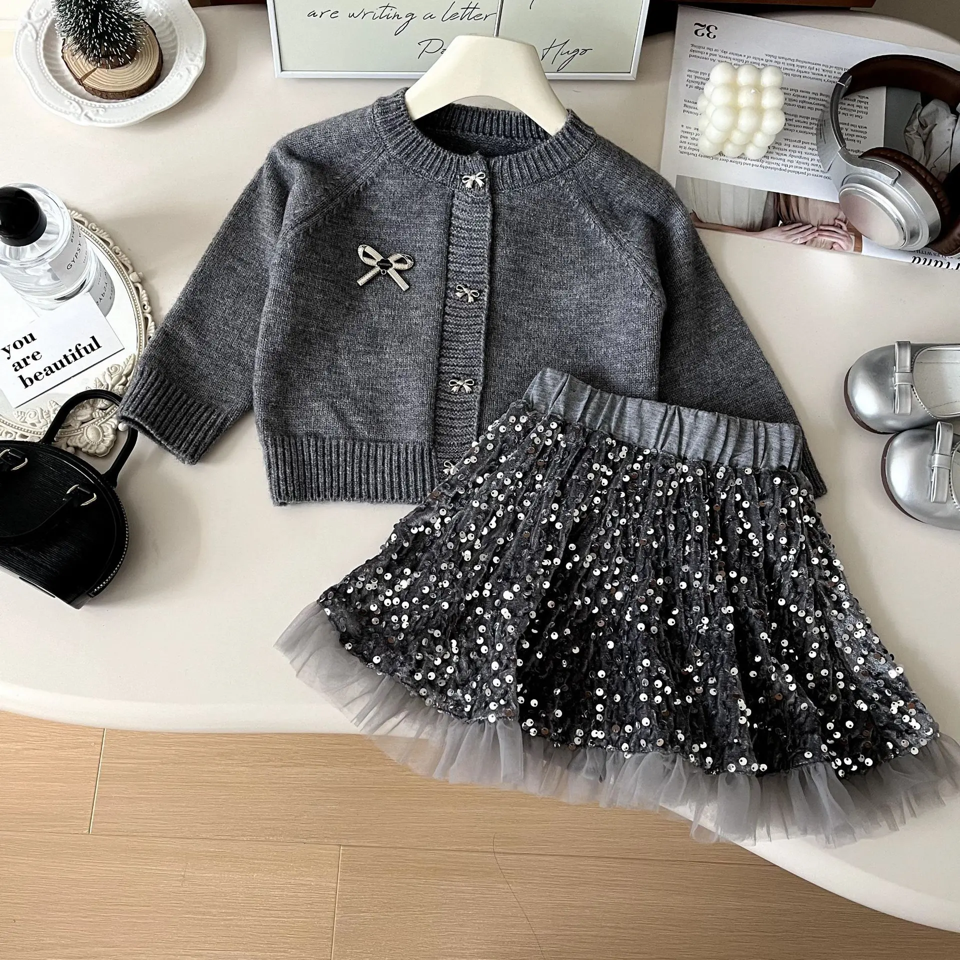 

Girls Knitted Clothing Sets Spring Autumn Children Woolen Jersey Sweaters Coats Skirts Party Dress Suit For Baby Outfits Kids 7Y