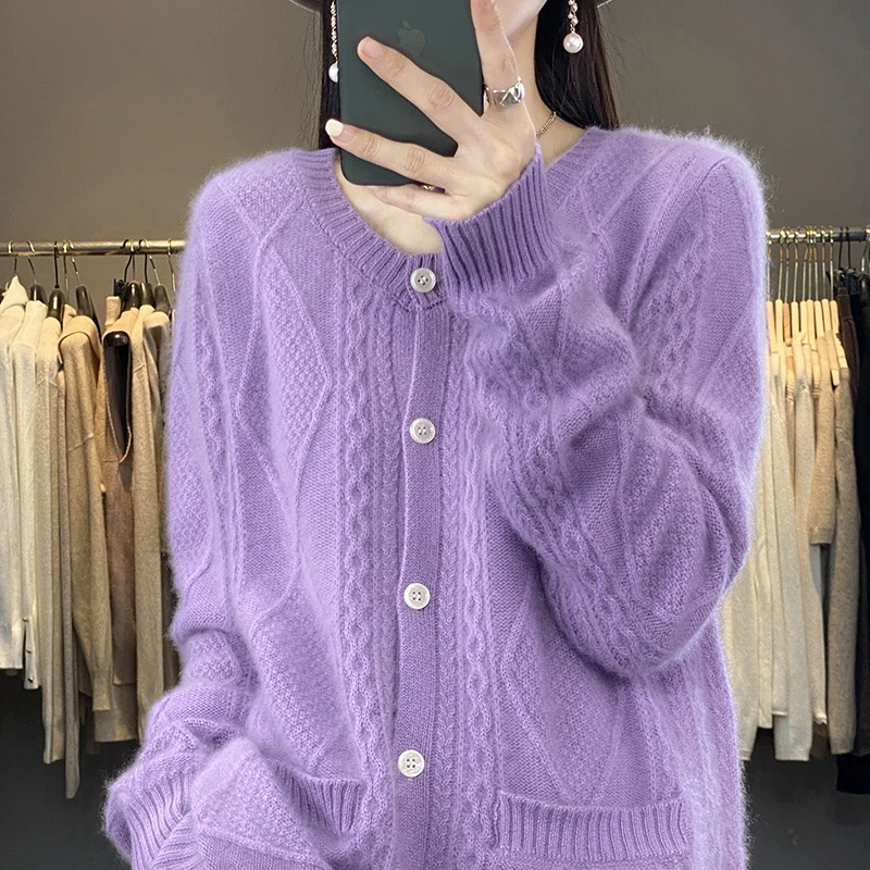 Women\'s sweater cardigan coat pure wool 2023 autumn and winter new O-neck twisted flower long sleeve high-end sweater top