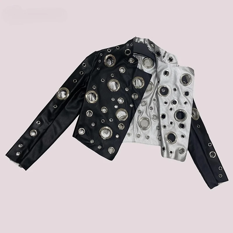 Original Splicing Contrasting Colors Hollow OutSweet Cool Women's Short Coat Spring Autumn Pu Leather Collar Pu Jacket Ladies