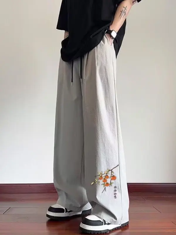 

Мужские повседневные брюки из ледяного шелка: тонкие, летние, свободные, прямые, широкие, струящиеся, в американском уличном стиле, спортивные, длинные