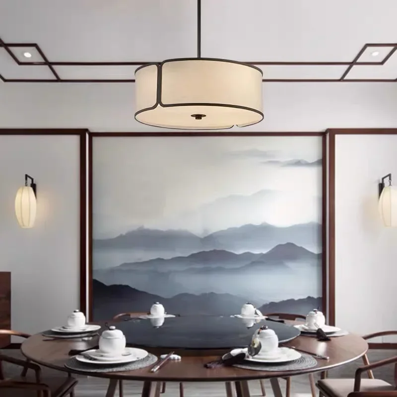 

New Chinese Zen Style Circular Fabric Chandelier Modern Retro Simple Living Room Study Restaurant Shop Decoration Pendant Lamps
