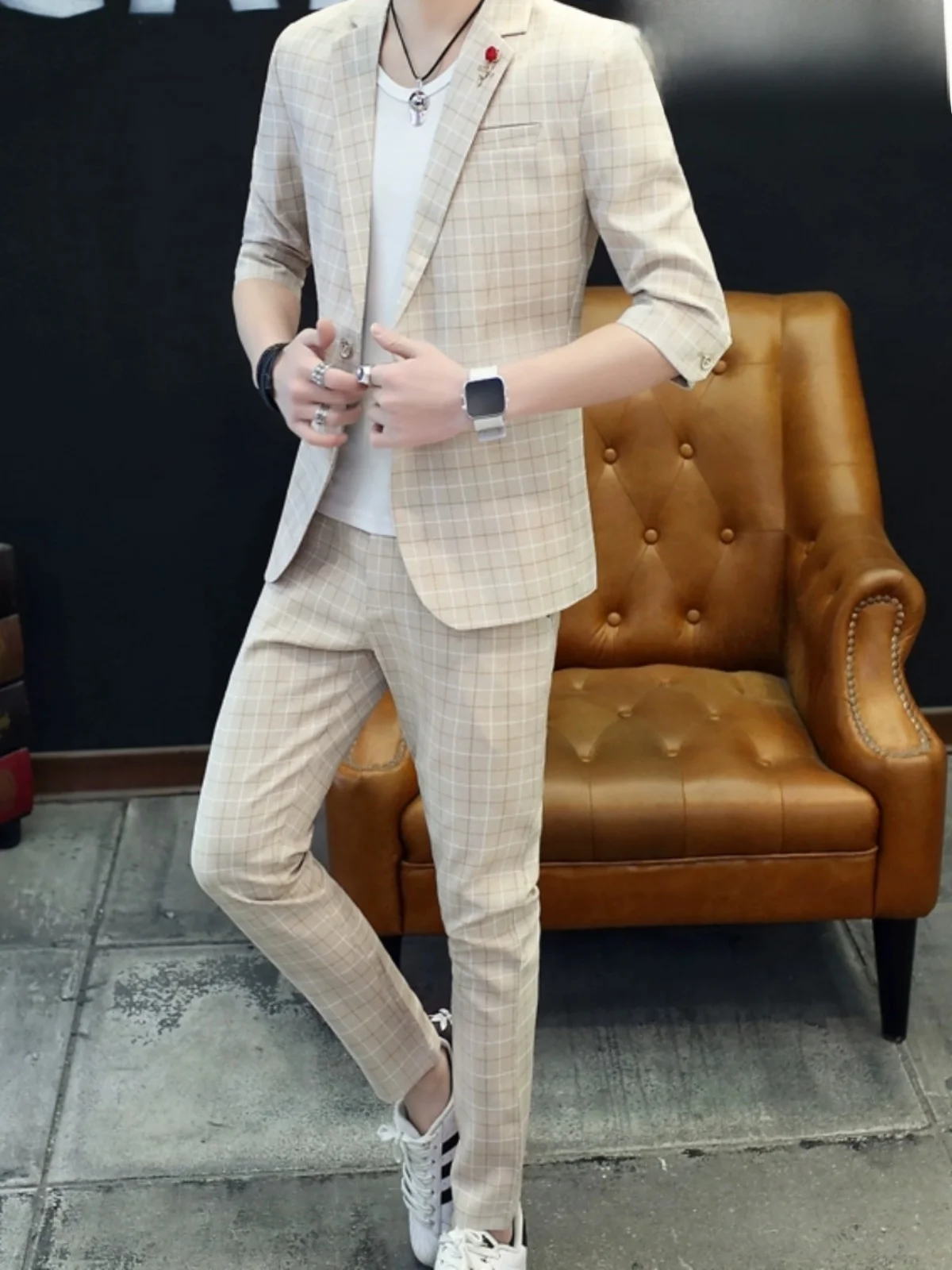 

Slim Fit Casual Thin Svel Men's Suit Spring Summer Faionable Korean Sle Cheered irt And Pants Ensemble