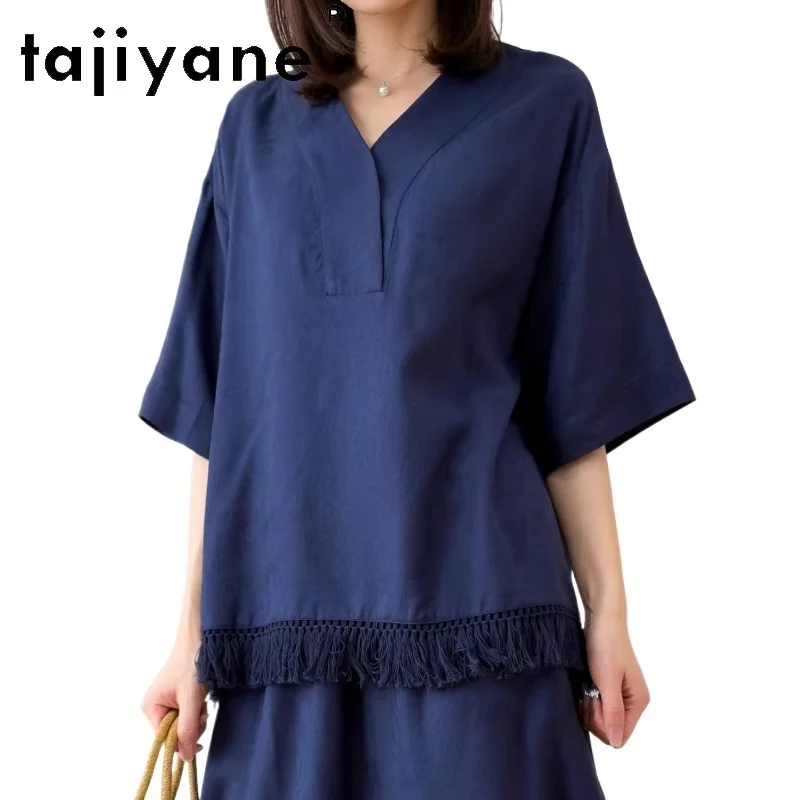 TAJIYANE 100% Mulberry Silk T Shirts Women Vacation Navy Blue V-neck T-shirt Spun Silk Summer Tops 2026 Woman Clothing топ