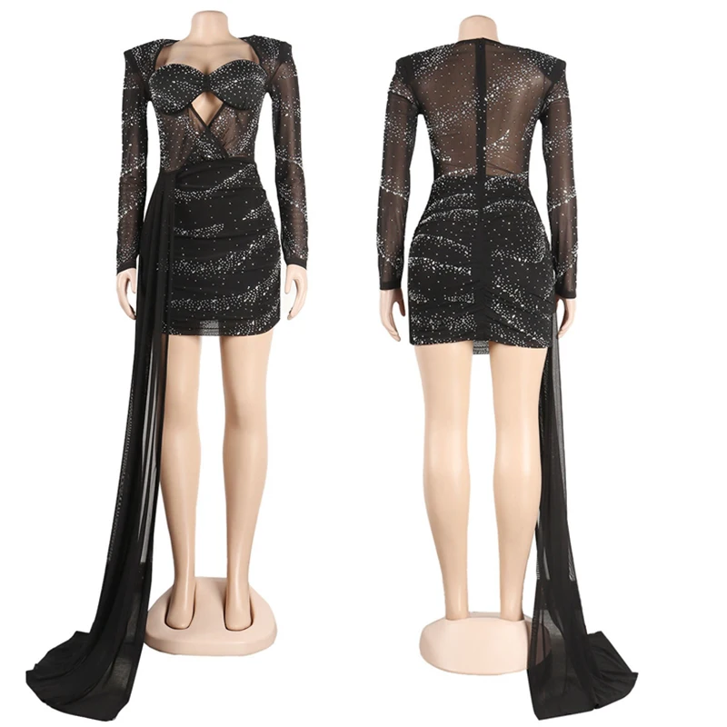 Mesh Diamond Birthday Dress for Women Luxury Rhinestone Evening Elegant Christmas Dress Long Sleeve Sparkly Club Party Dress