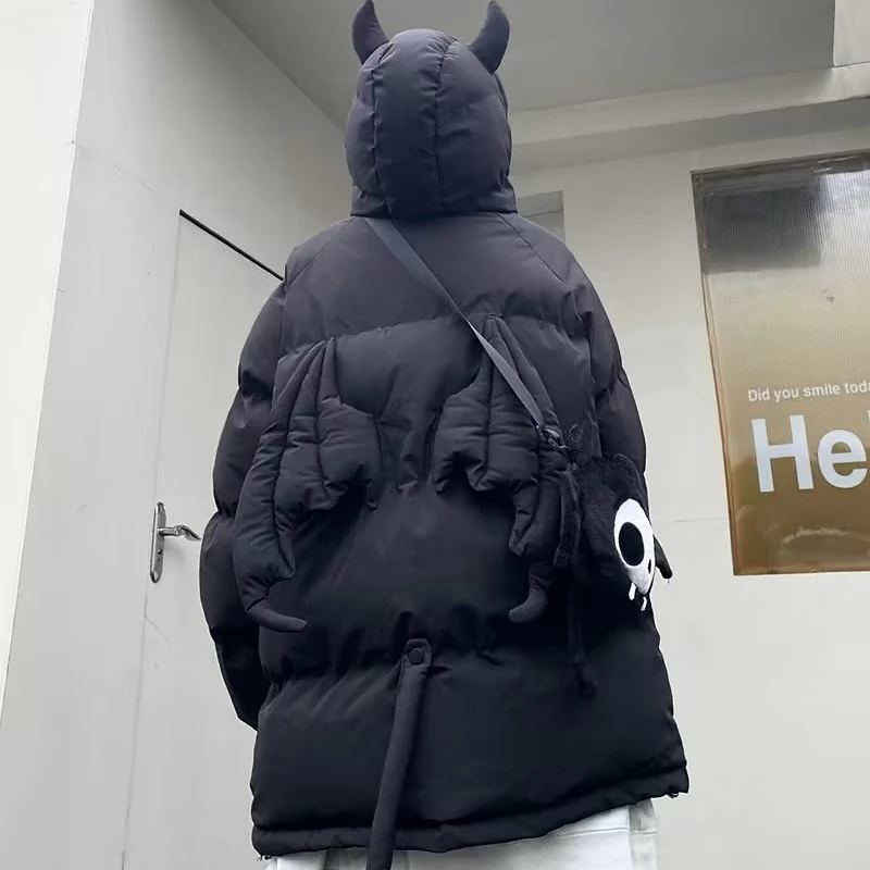 Winter Thicken Parkas Men Hip Hop Devil Horns Wing Couple Hooded Padded Jacket with Doll Bag High Street Embroidey Thick Coat